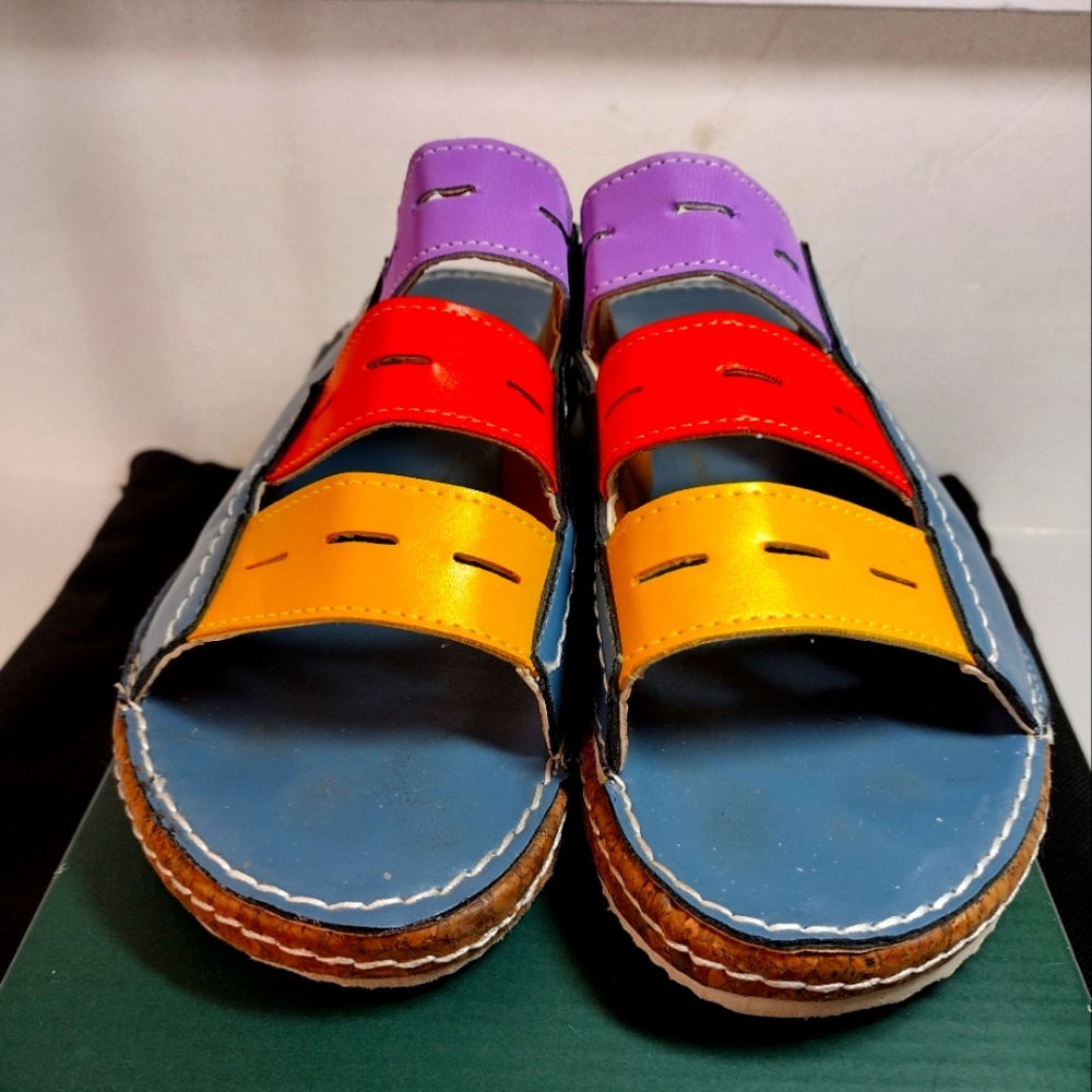 Clarks Multicolor Leather Slide Sandals — Purple, Red, Yellow, Blue